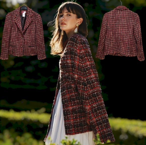 Jennifer Moore Jackets & Blazers - Jennifer Moore Women's Multicolor Tweed Frayed Trims Wool Blend Blazer Jacket